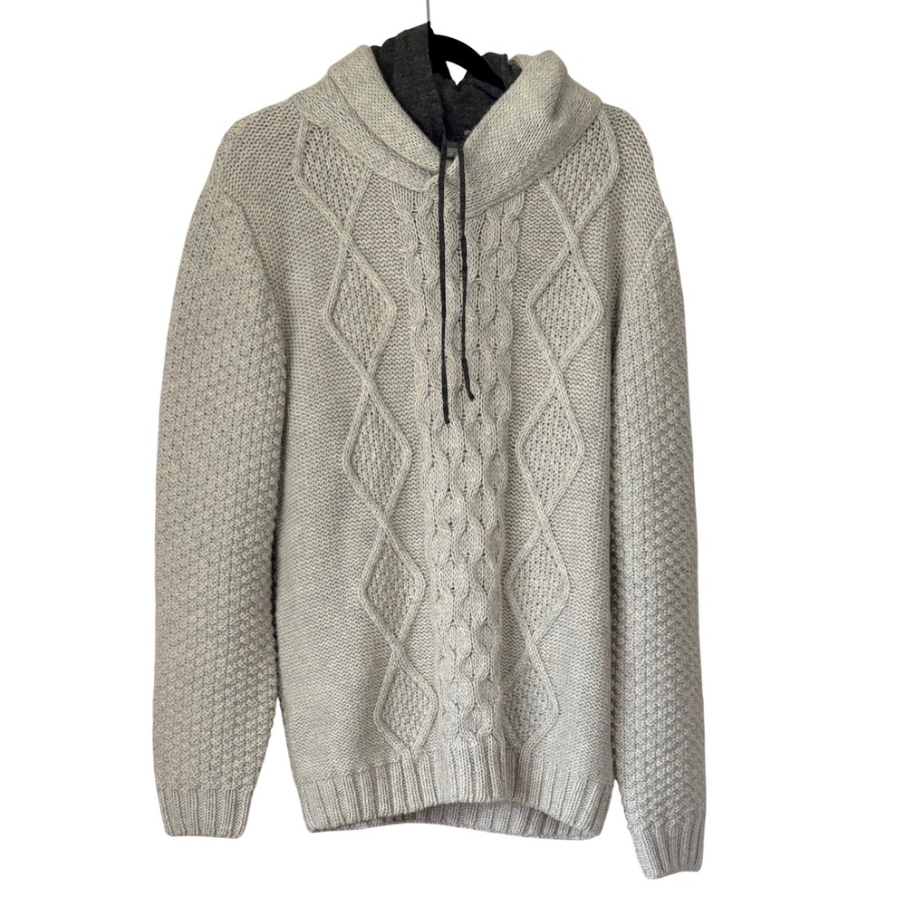 7‎ Diamonds Mens Gray Alpaca Wool Blend Cable Knit Botton-on Hooded Sweater L
